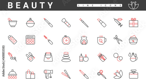 Beauty procedures, makeup and cosmetics, thin red and black line icons set vector illustration. Abstract skin care and perfume pictogram, hair and nail treatment object for beautician salon collection