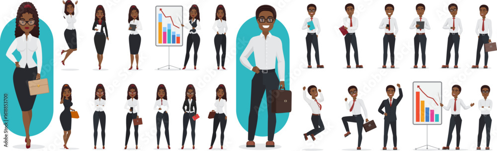 Fototapeta premium Businessman and businesswoman in work poses set vector illustration. Cartoon corporate workers, entrepreneurs and managers standing, thinking about ideas, showing business presentation isolated white