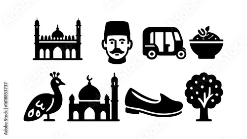 Indian silhouette icons: culture, architecture, cuisine, and nature