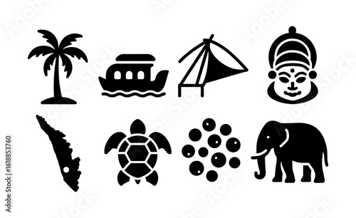 Kerala icons: palm tree, boat, kathakali mask, elephant, and more in silhouette style