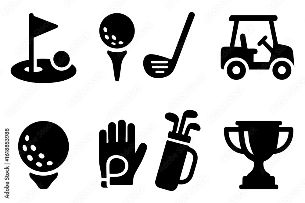 Fototapeta premium Golf icons set: club, ball, cart, and trophy in bold black style