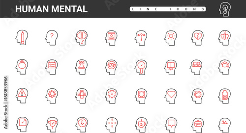 Brain processes inside abstract human head, thin red and black line icons set vector illustration. Mental health and education, emotions and imagination symbols of personality, psychology collection