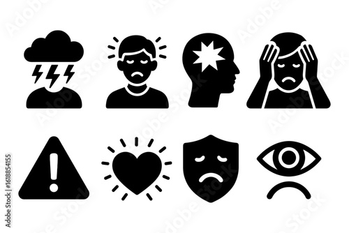 Black silhouette icons depicting emotions and warnings with human faces