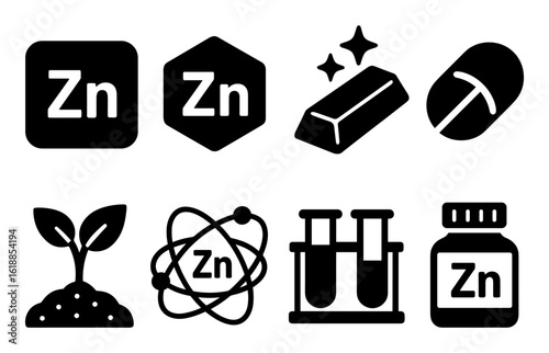 Zinc icons set: simple symbols for health, chemistry, and industry