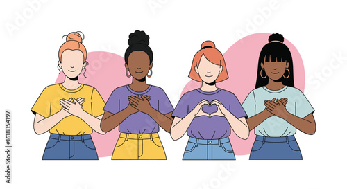 Diverse women showcasing self love kindness and unity with hearts symbolizing friendship and support