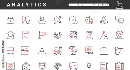 Business analytics service, thin red and black line icons set vector illustration. Abstract digital finance information research and SEO strategy for revenue growth, startup investment and management