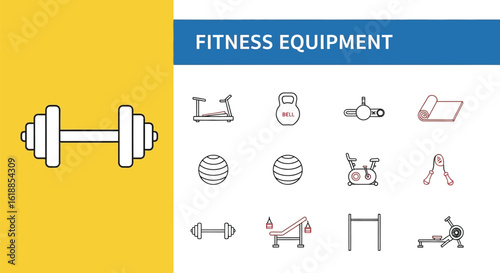 Minimalist Line Art of Fitness Equipment Featuring Dumbbell, Treadmill, Kettlebell