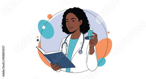 Skilled african american female doctor wearing a white lab coat holding a pill bottle and reviewing a patient file