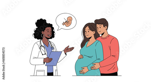 Pregnant couple receiving medical advice from a doctor about their future baby during a consultation
