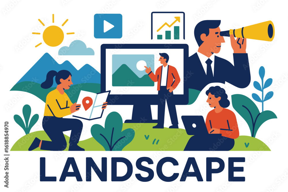 Fototapeta premium Business analysis and strategy concept with people and icons in modern flat design