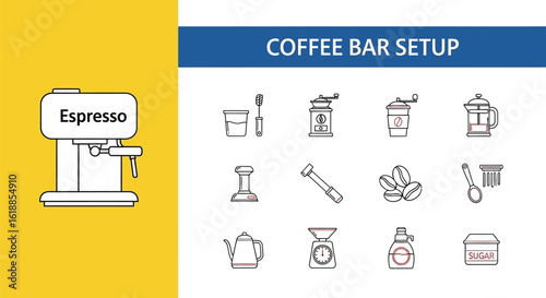 Line Art Depiction of Coffee Bar Setup Featuring Espresso Machine, Grinder, Beans