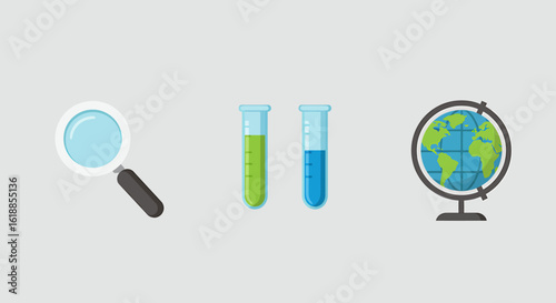 Illustration of a magnifying glass, two test tubes with green and blue liquids, and a globe on a light gray background.