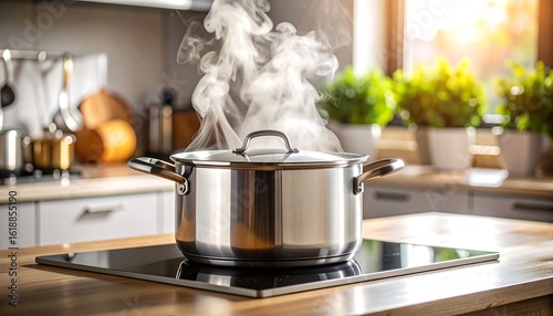Cooking pot steaming on a stovetop in a bright kitchen
