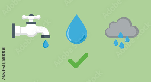 A vector illustration depicting water conservation: a faucet with a drop, a single water drop, and a rain cloud with raindrops, all approved with a green check mark.
