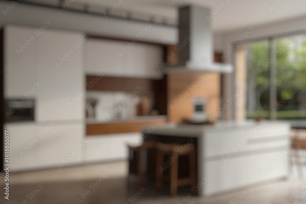 Fototapeta premium Defocused Background of Modern elegant kitchen interior design featuring marble countertops, wooden cabinetry, and stylish lighting fixtures. Blurred Background Photo.