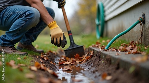 Man cleaning drainage ditch with shovel while wearing gloves  