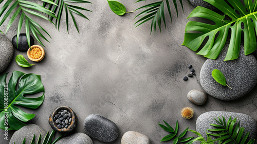 A background with massage stones, various relaxing leaves, and flowers for a spa