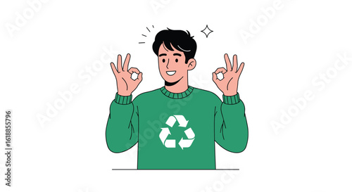 Person wearing a green sweater with a recycling symbol looking amazed with a surprised expression and giving a double okay gesture with both hands