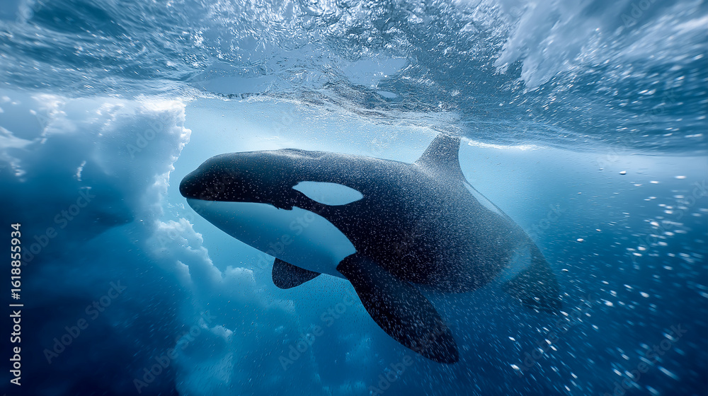 Obraz premium Orca whale swimming gracefully beneath icy water surface in cold ocean with air bubbles around