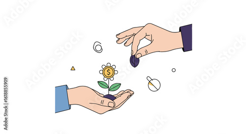 A delicate plant held carefully in one hand receives gentle attention from another hand above with small abstract shapes floating around symbolizing growth and care