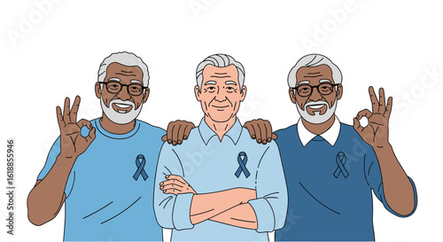 Three senior men showing support for prostate cancer awareness month by wearing blue ribbons and giving the ok sign