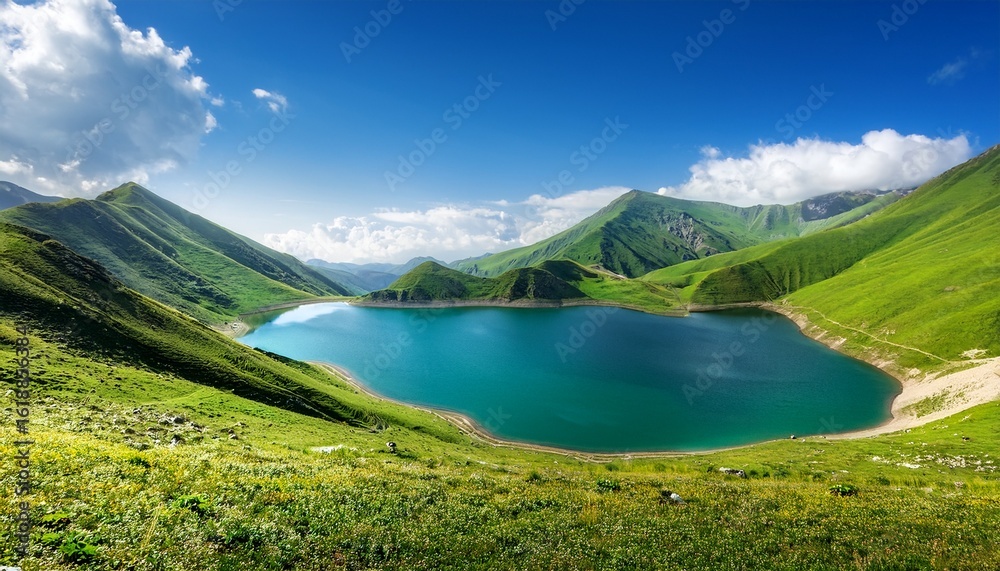 lush green hills framing mountain lake under a blue sky lush green hills framing mountain lake under a blue sky