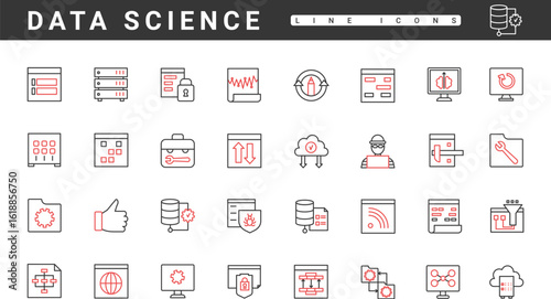 Online data communication, network management of information systems, thin red and black line icons set vector illustration. Abstract software and hardware, privacy of access, tech optimization