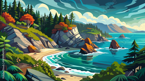 A cove along the Wild Pacific Trail; Ucluelet, British Columbia, Canada curves gently between rocky cliffs and misty waves. Semi-realistic vector style captures ocean spray, pine trees, and coastal se