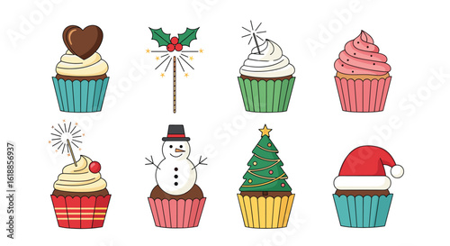 Festive holiday cupcakes featuring christmas decorations and winter characters for seasonal celebrations and sweet treats