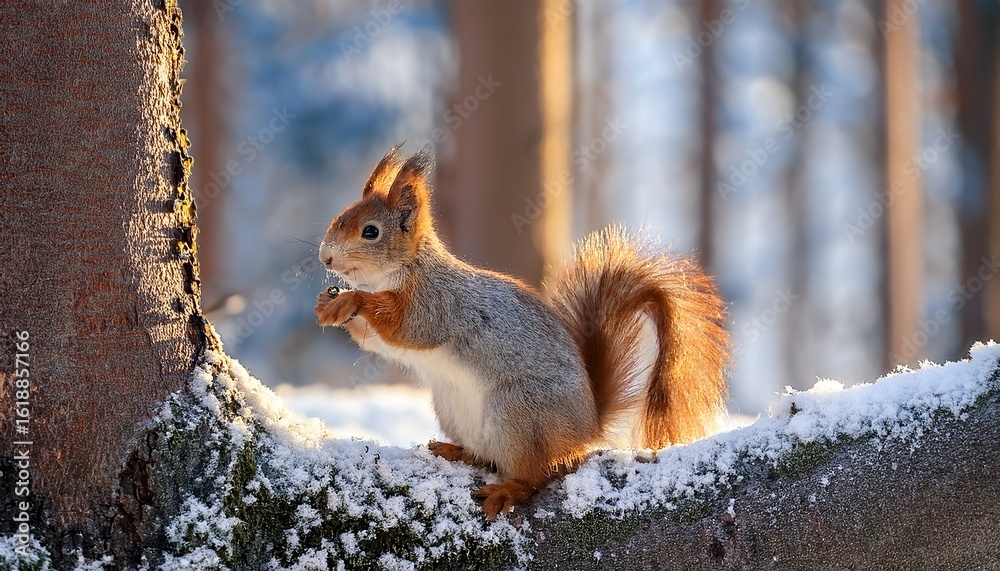 Fototapeta premium fluffy squirrels exploring a magical winter forest