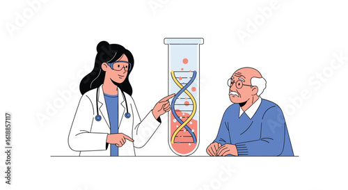Medical professional explains genetic research findings to an elderly patient discussing dna and scientific discovery in a laboratory setting