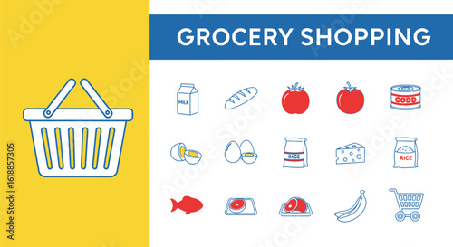 Line Art Illustration of Grocery Shopping Items Featuring Milk, Bread, Tomato