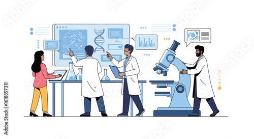 Scientists working in a modern laboratory studying dna structures and genetic research using advanced technology and microscopes