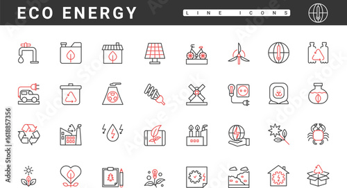 Green eco energy, thin red and black line icons set vector illustration. Abstract industry technology to save and clean planet ecology, recycle pollution and manage sustainable resources, bio fuel
