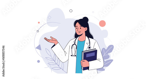 Illustrating a confident female doctor discussing medical information holding a clipboard and stethoscope in a modern healthcare setting