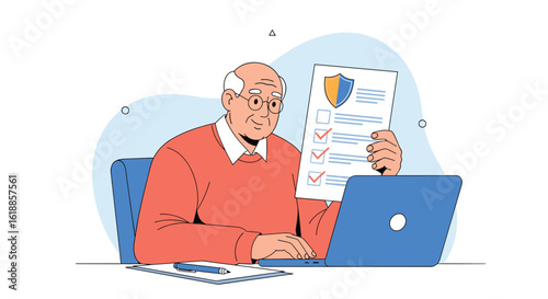 Elderly gentleman reviewing his financial documents and planning future investments on his laptop computer