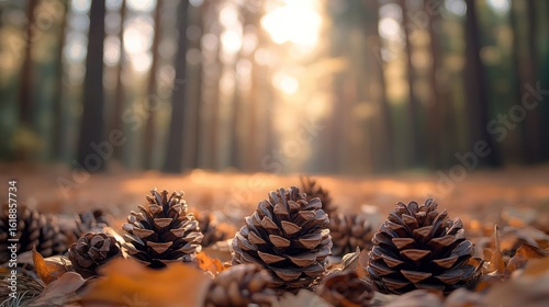 Three Pinecones Resting on Autumn Leaves in a Sunlit Forest