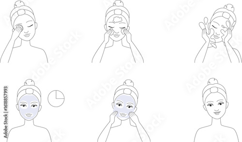 Facial skin care steps set in thin black line vector illustration. Woman washing face with water and soap foam, steps of cleaning method in morning and evening female routine. Skincare, beauty concept