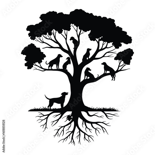 Dog Family Tree Silhouette Art Work.