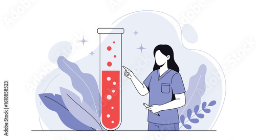 Medical professional conducting scientific research experiment with bubbling liquid in a test tube with abstract plant elements