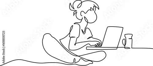 Cute girl working remotely on laptop. Continuous single one line vector drawing