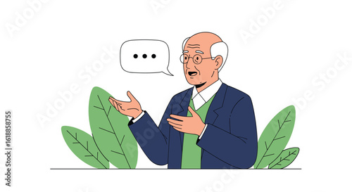 An elderly man in a suit gestures expressively while speaking amidst lush green foliage representing his thoughts and ideas flowing freely