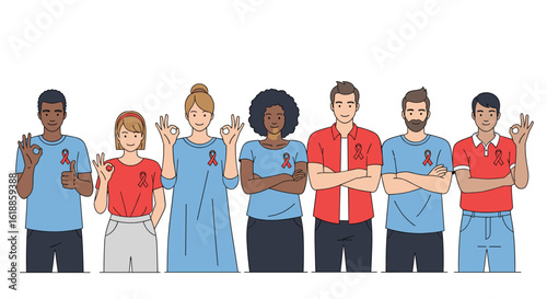 Diverse group of people wearing red ribbons showing solidarity and support for health awareness campaigns and community initiatives