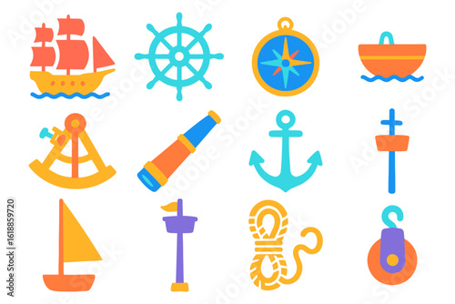 Colorful nautical icons set featuring sailboat, compass, and anchor in flat design