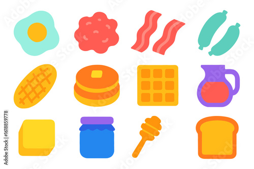 Colorful breakfast icons featuring pancakes, eggs, bacon, and more in flat style