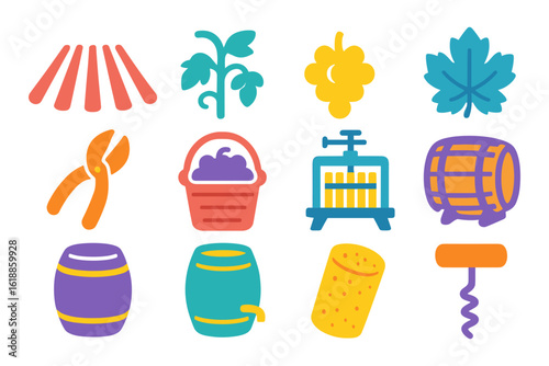Colorful icons of vineyard and winemaking elements in flat style