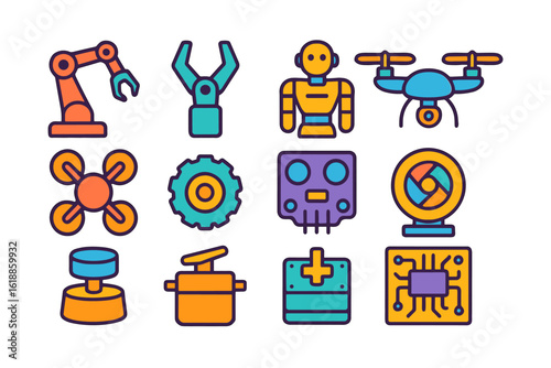 Colorful linear icons of robotics and technology