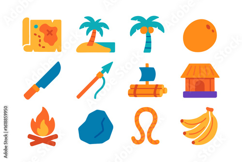 Tropical adventure icons set with palm trees, treasure map, and canoe elements