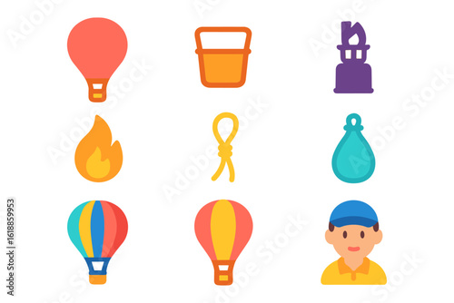 Colorful hot air balloon icons and related elements in flat design