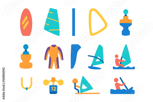 Colorful water sports equipment icons featuring surfing and sailing gear
